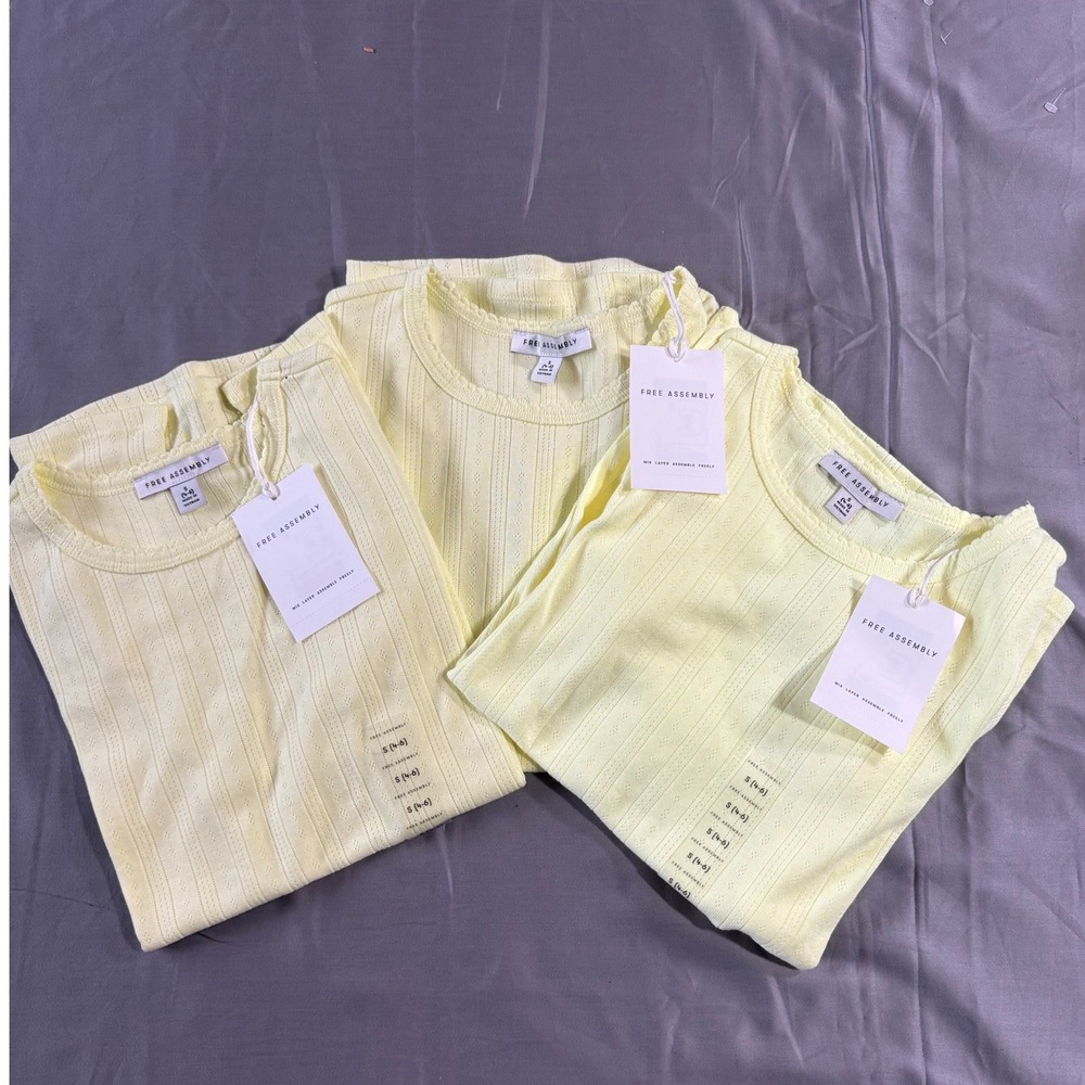 3 pack Free Assembly Women Pointelle Knit T-Shirt Pale Yellow Size Small 4-6 NWT